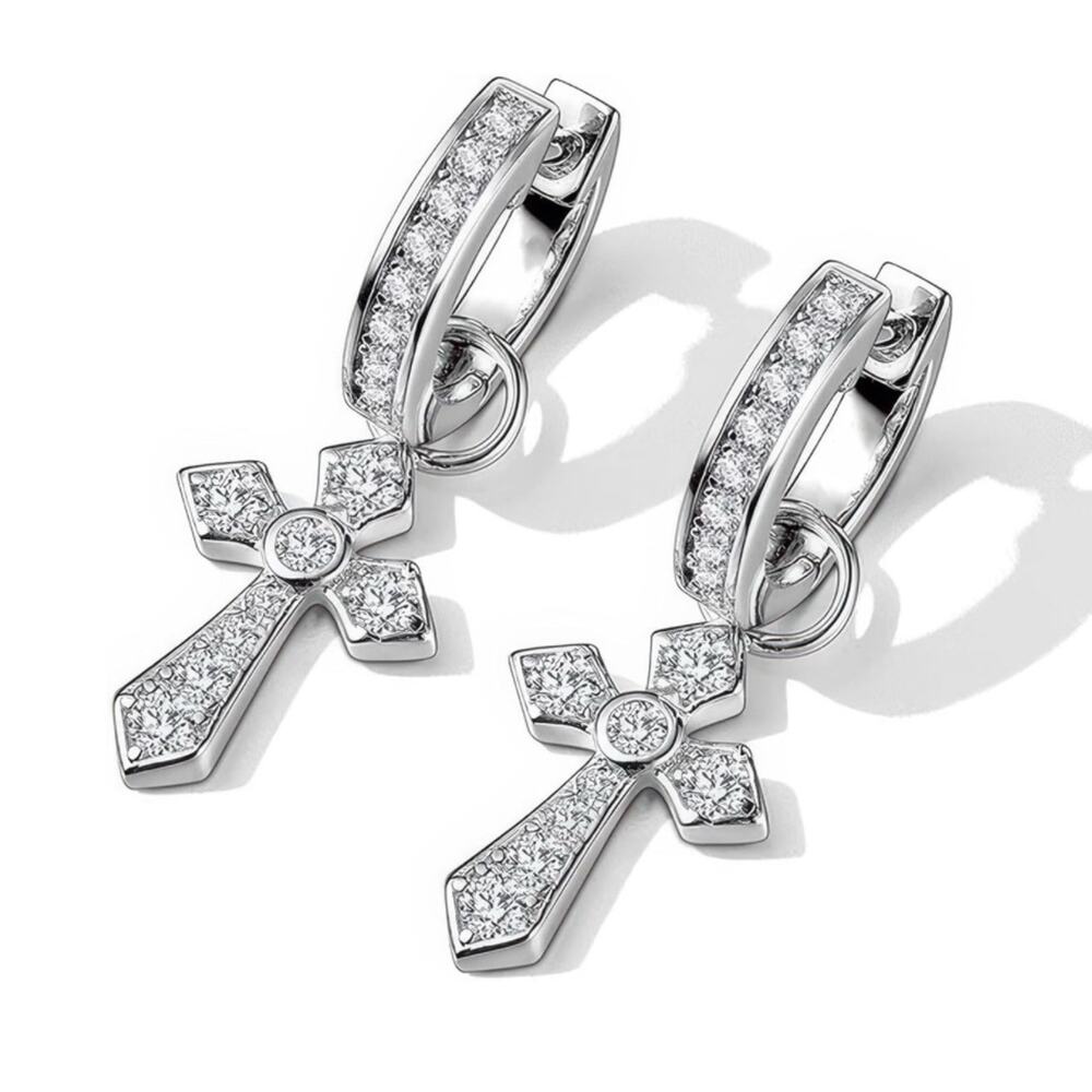 Silver Hoop Huggie Earrings with Cross Charm